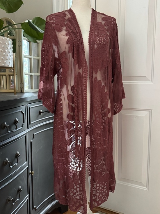 JODIFL Tops - Boho Crochet Sheer Kimono Duster in Dusty Rose Size M/L